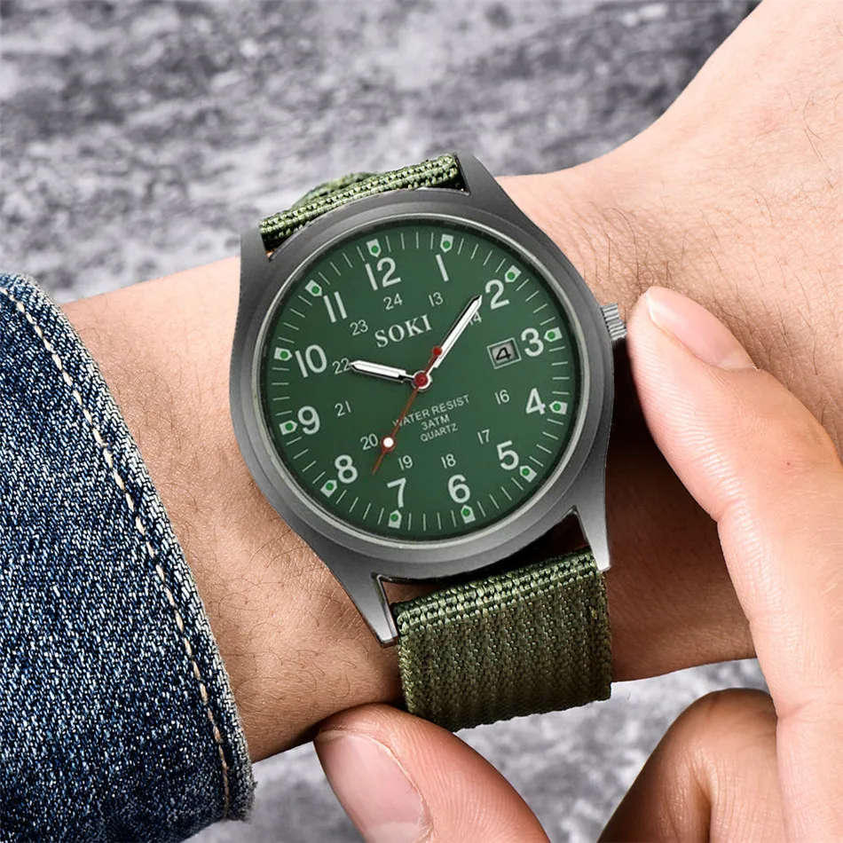 Soki - Luminous Nylon Band Military Army  Watch - Green Colour