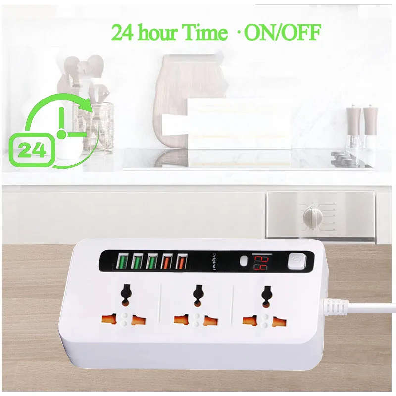 Multi-Function Power Adapter Extension Cord with 3 Power socket + 5 x USB Charger ports LED display