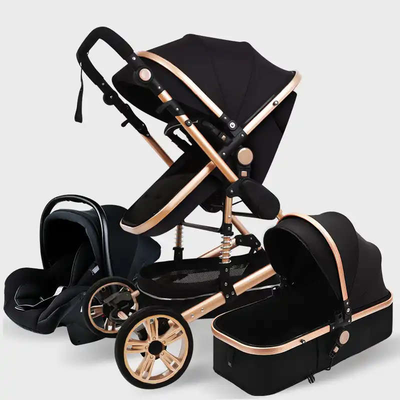 Baby Pram Stroller - 3 Function Foldable Baby Pram with Car Seat- Black & Gold Belecoo Brand