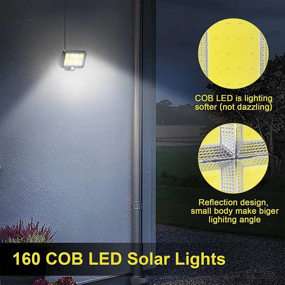 160 LED Bright COB White Solar LED Light With Split Solar Panel & Motion Sensor with Cable