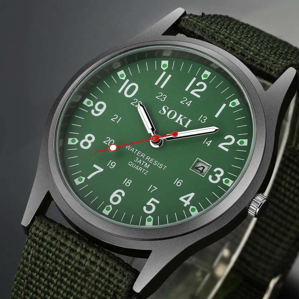 Soki - Luminous Nylon Band Military Army  Watch - Green Colour