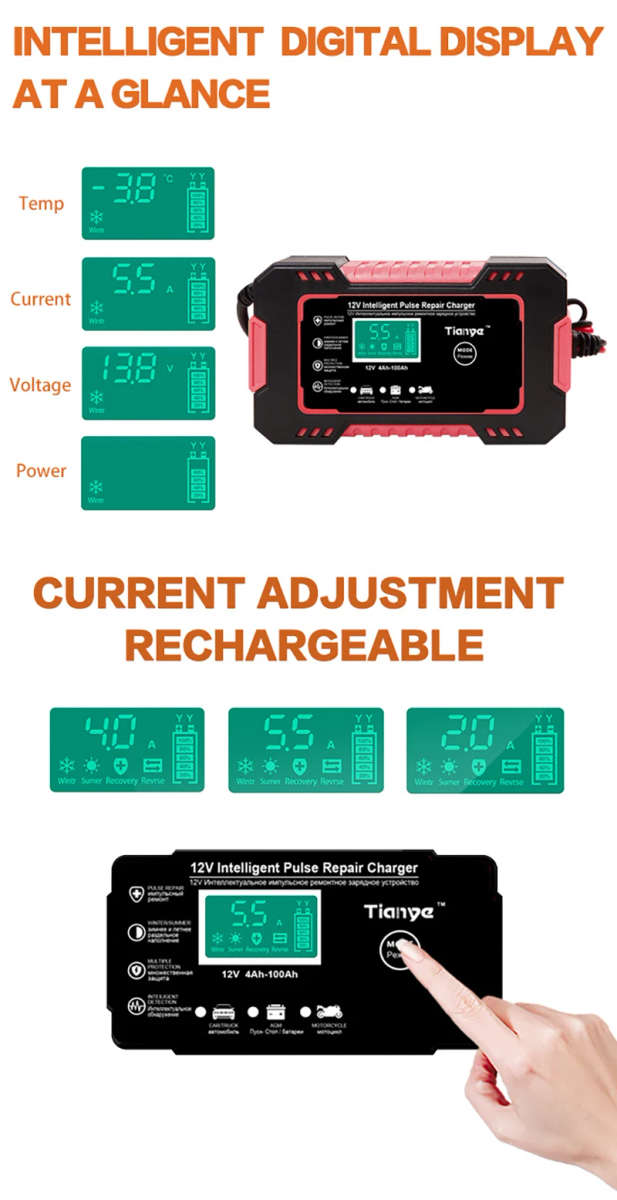 12V 6A Battery charger Intelligent Pulse Repair LCD Display Battery Charger 12 Volts 6 Amps 2-100AH