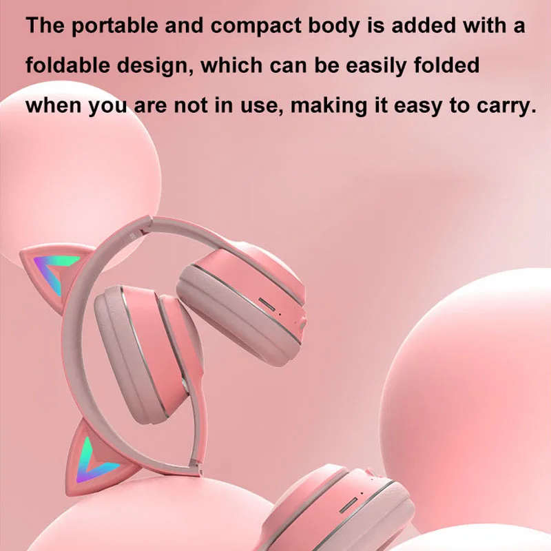 Wireless Bluetooth 5.0 Headphone Glowing Cat Ear Headset Stereo Music Player with MIC for