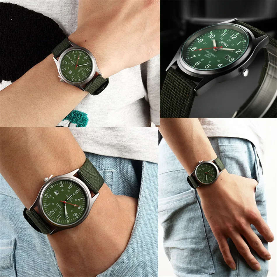 Soki - Luminous Nylon Band Military Army  Watch - Green Colour