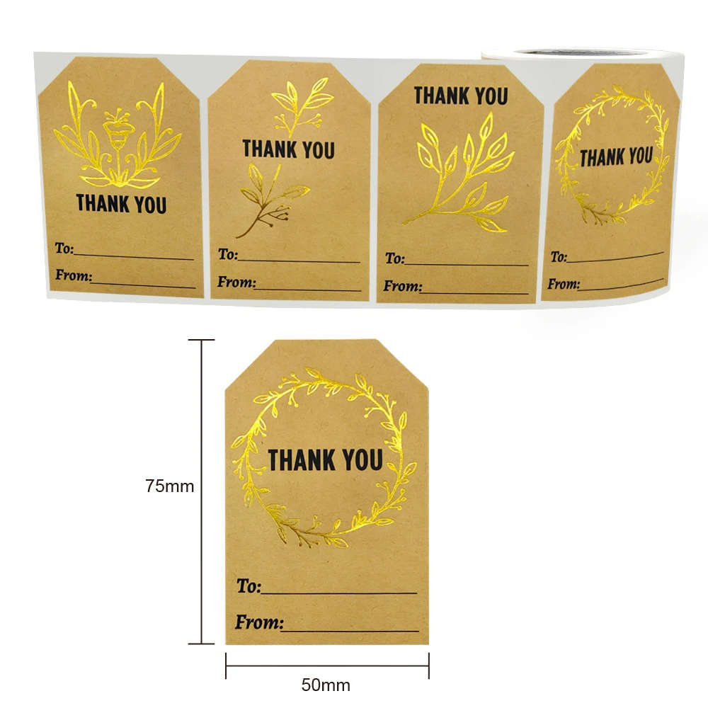 50pcs Gold Leaves 5x7.5cm Kraft Paper Thank You Stickers Seal Labels Ref 03