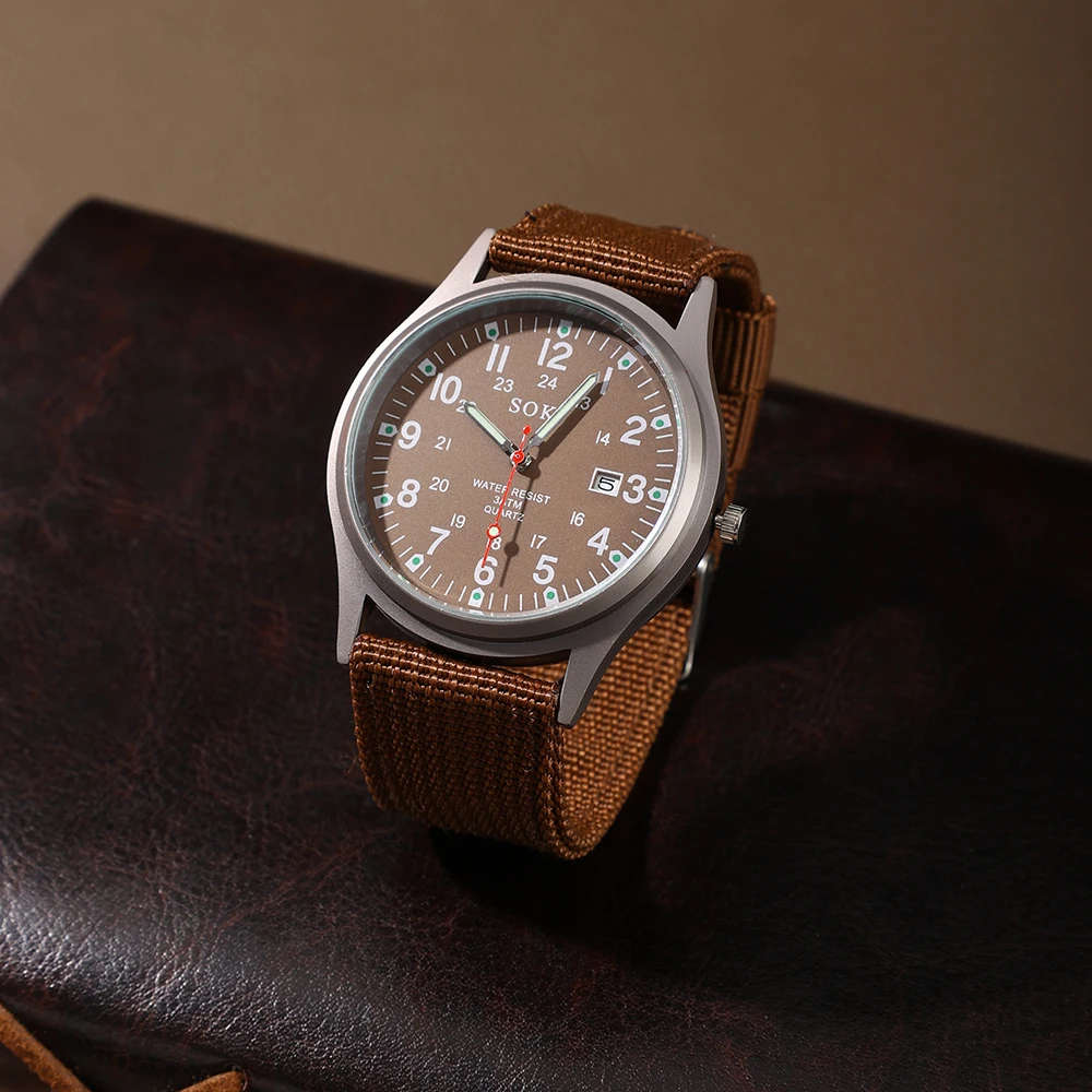 SOKI Luminous Nylon Band Military Watch - Brown Color