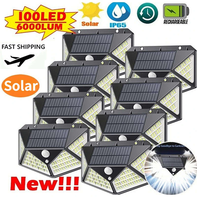 Pack Of 8 X 100 LED Solar Powered Wall Lamp with Motion Sensor - Super Bright - Built in Battery
