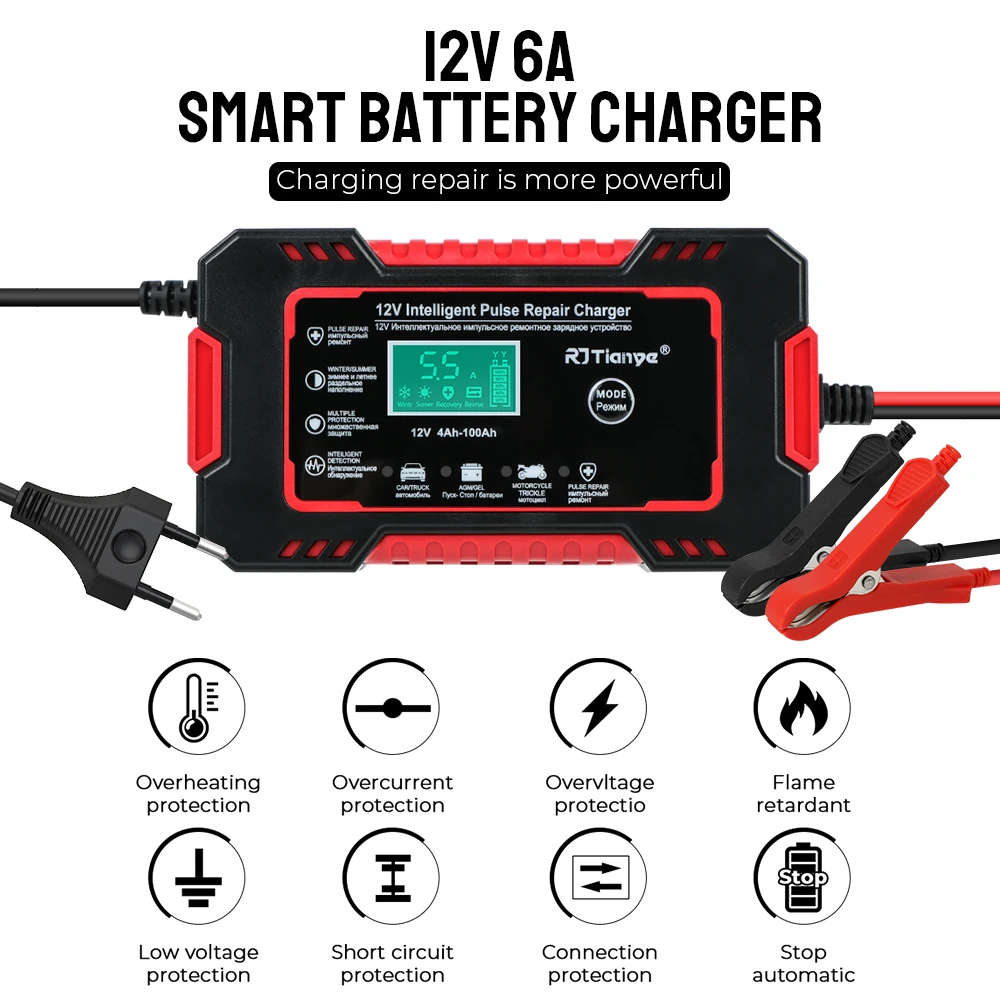 12V 6A Battery charger Intelligent Pulse Repair LCD Display Battery Charger 12 Volts 6 Amps 2-100AH