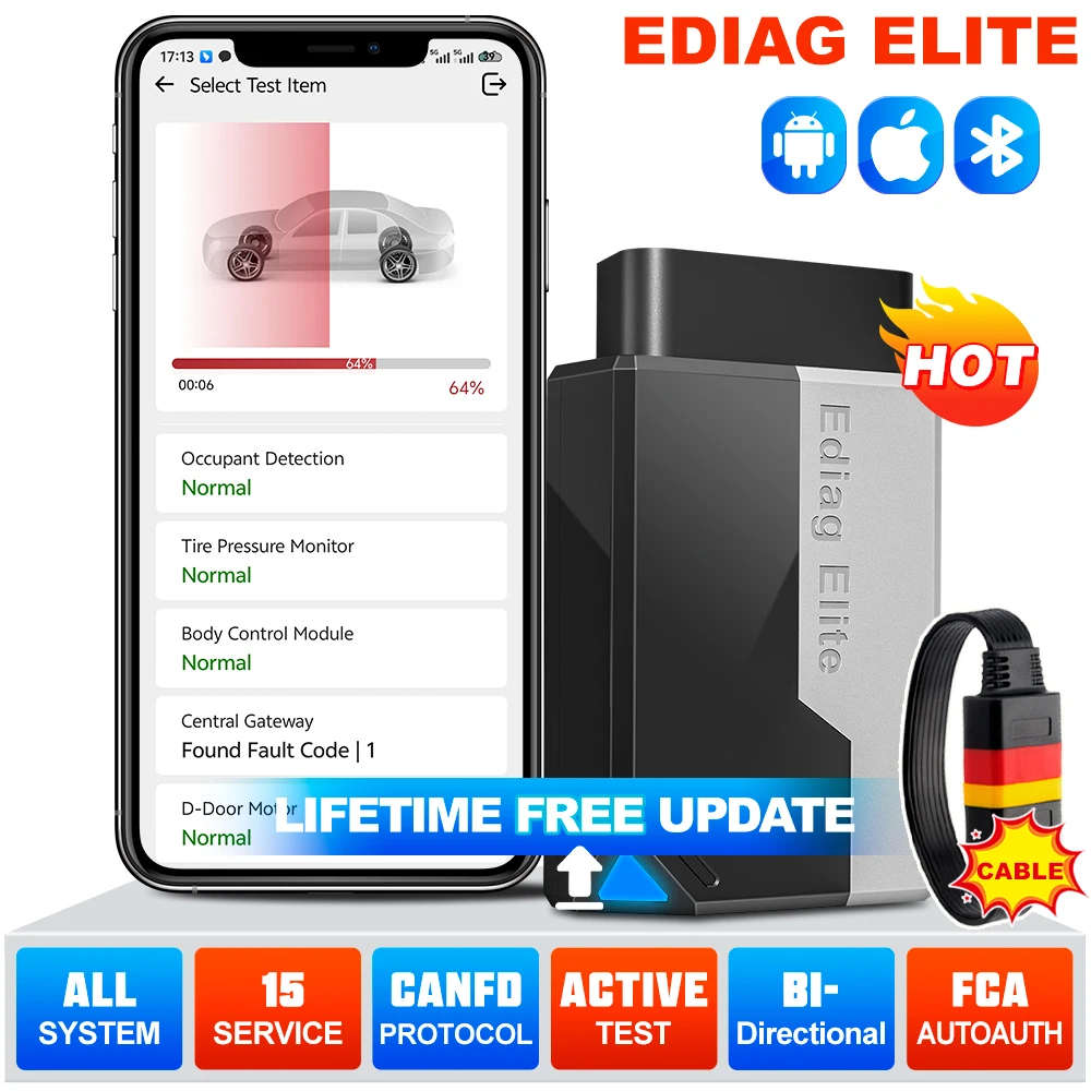 KINGBOLEN EDIAG Elite OBD2 Scanner with Lifetime Free Updates + Ext Cord Bluetooth Diagnostic