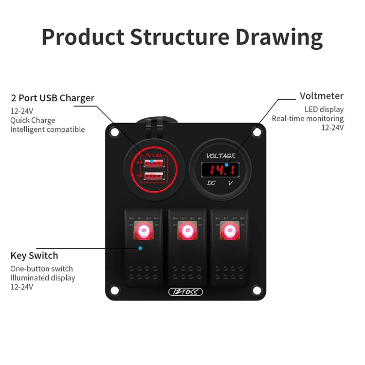 Multi-functional Combination Switch Panel 12V / 24V 3 Way Switches + Dual USB Charger