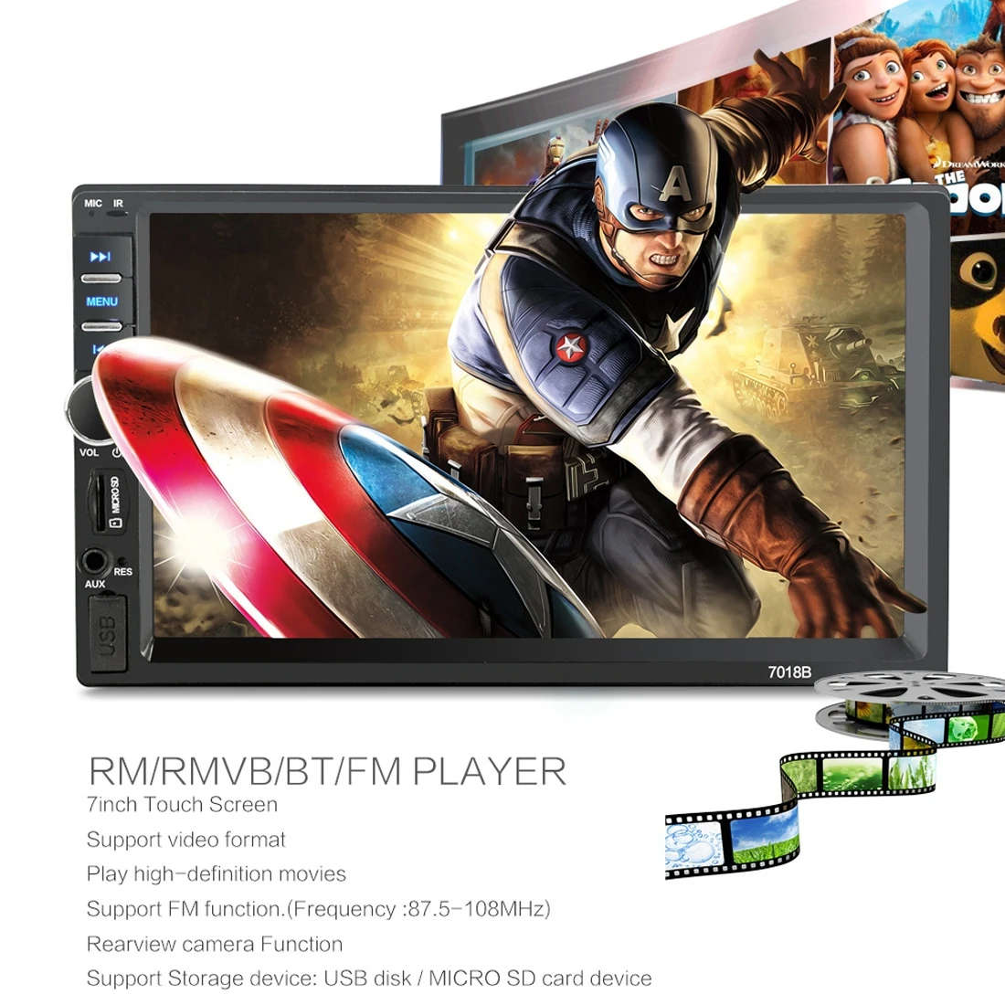 7018B 7.0 inch HD Touch Screen Dual DIN Car Radio Bluetooth Stereo MP3 / MP4 / MP5 Player