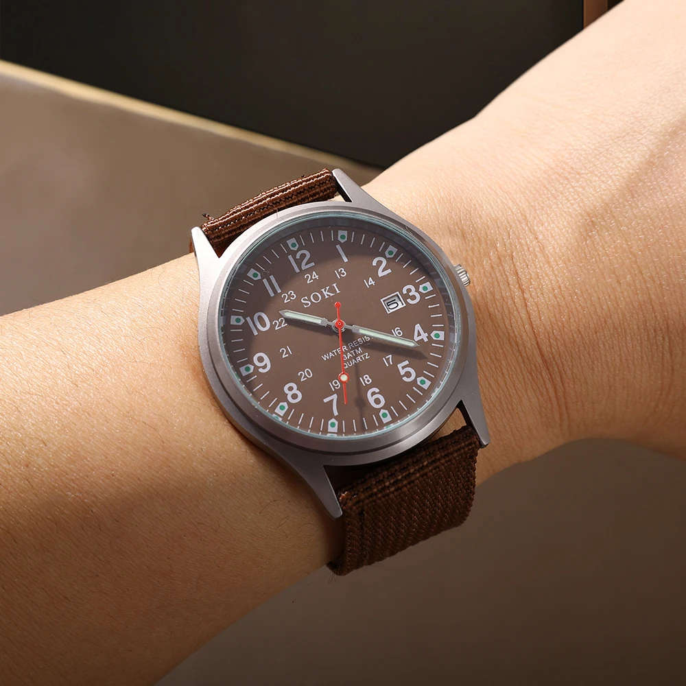 SOKI Luminous Nylon Band Military Watch - Brown Colour