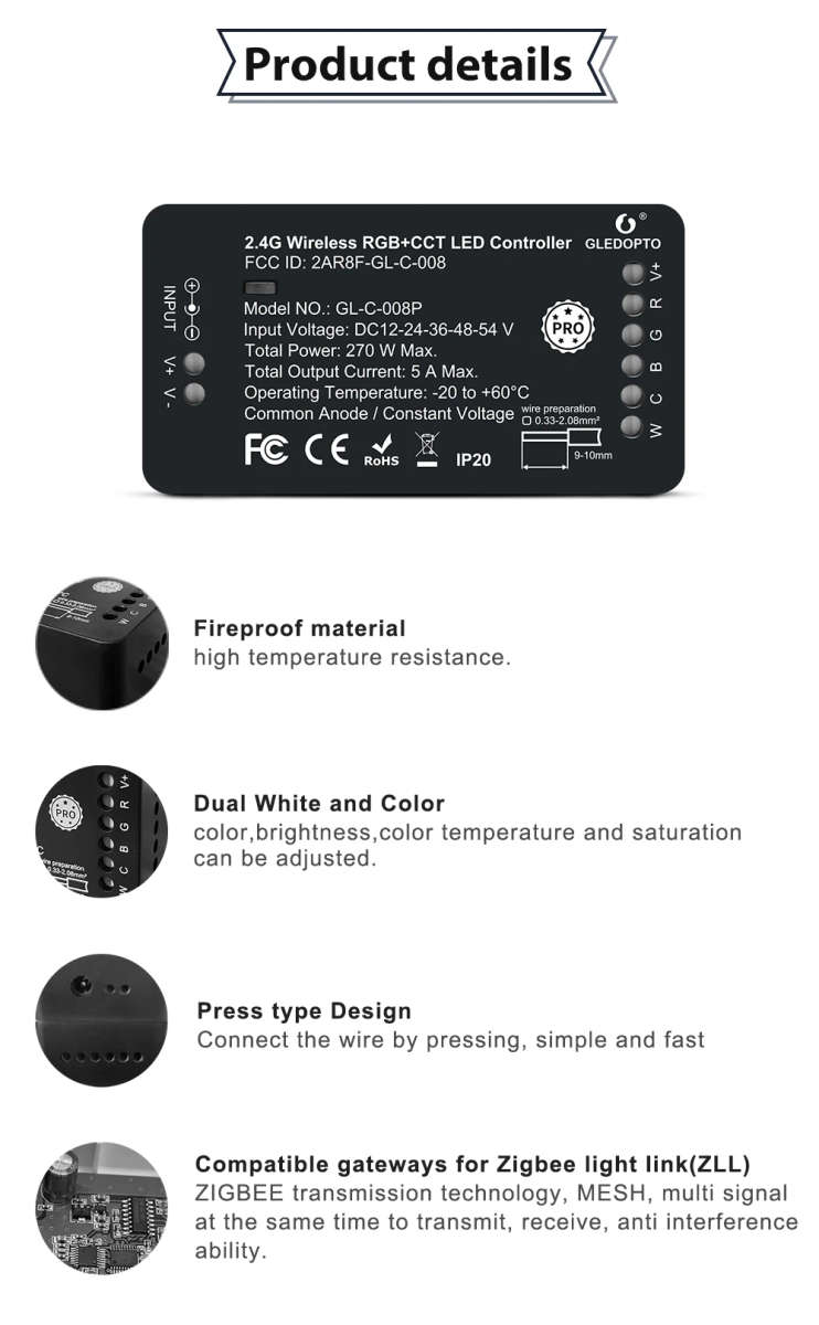 Glade ZIGBEE3.0 RGBCCT Controller Pro R F Remote Control, Intelligent Light Strip Controller