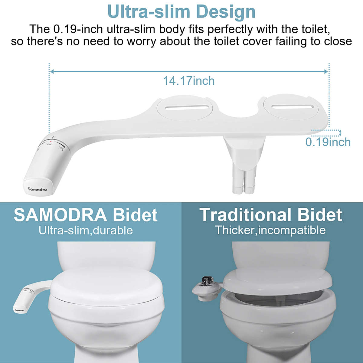 SAMODRA Bidet Attachment Ultra-Slim Toilet Seat Attachment Dual Nozzle Bidet Adjustable Wa