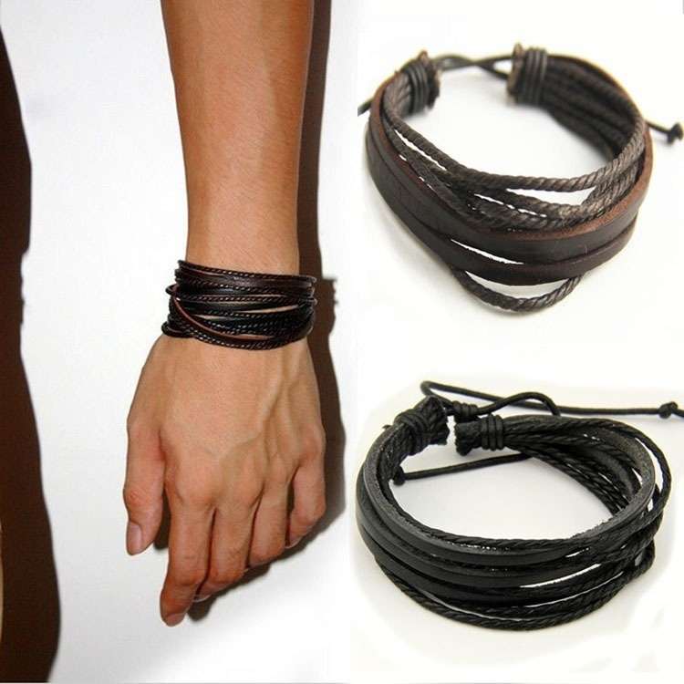 1Pc Multilayer adjustable Leather Bracelet Handmade Lace Up Wrist Strap - Black Colour