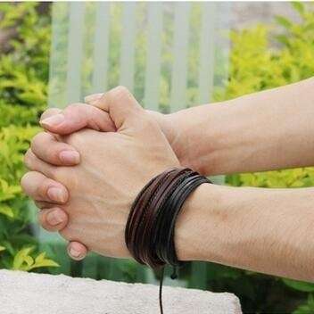 Multilayer adjustable Leather Bracelet Handmade Lace Up Wrist Strap - Black Colour