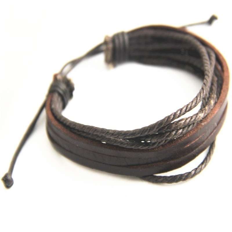 Multilayer adjustable Leather Bracelet Handmade Lace Up Wrist Strap - Brown Colour