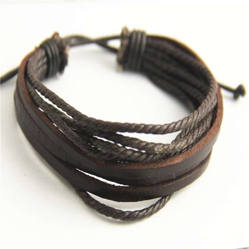 Multilayer adjustable Leather Bracelet Handmade Lace Up Wrist Strap - Brown Colour