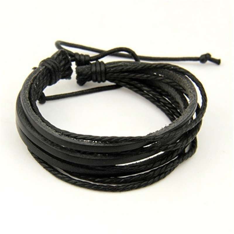 1Pc Multilayer adjustable Leather Bracelet Handmade Lace Up Wrist Strap - Black Colour