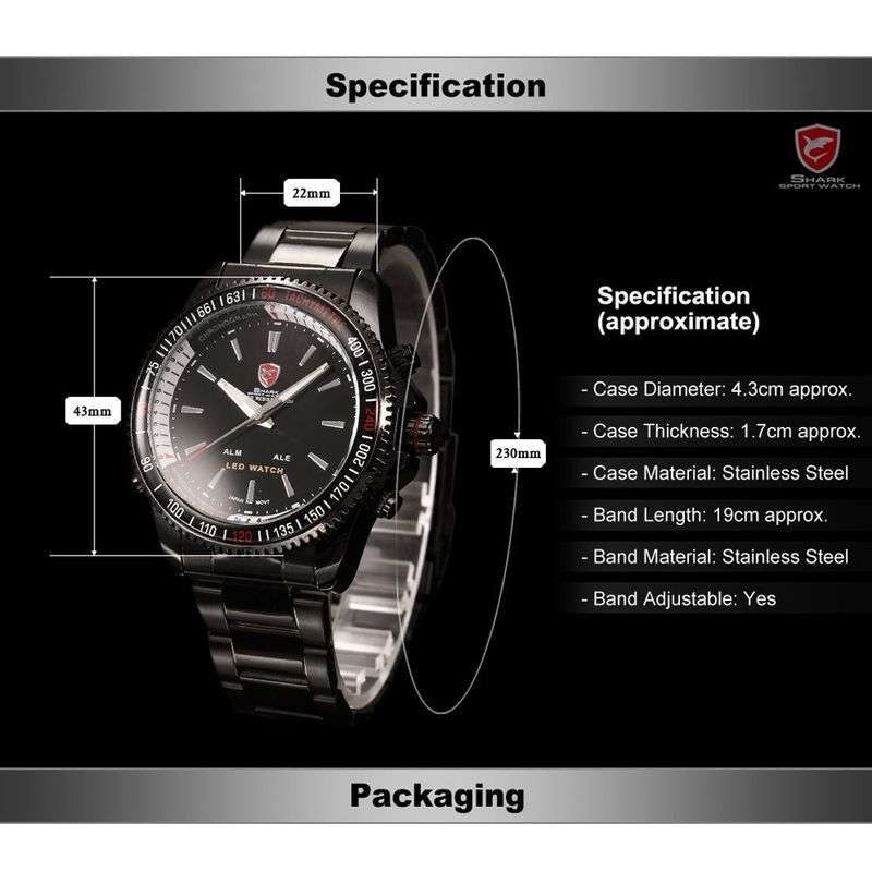 SHARK Black Ion Digital Dual Movement Alarm Stainless Steel Case Sport Watch BRAND NEW