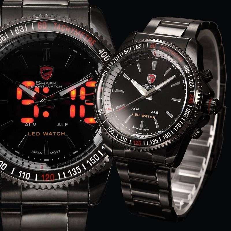 SHARK Black Ion Digital Dual Movement Alarm Stainless Steel Case Sport Watch BRAND NEW