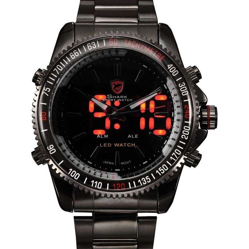 SHARK Black Ion Digital Dual Movement Alarm Stainless Steel Case Sport Watch BRAND NEW