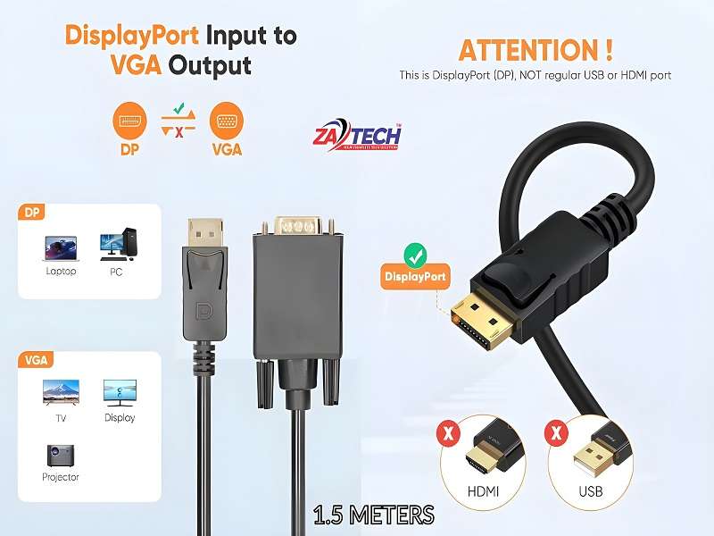 ZATECH Display To Vga 1.8 Mtr Cable