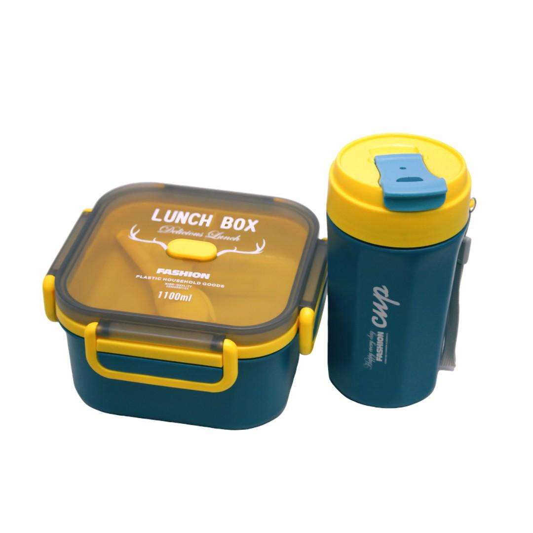 Squared 1100ml Lunch Container Double Layer  and Travel Coffee Drink Cup 500ml - Green