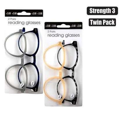 Reading Glasses +3 Twin Pack Assorted
