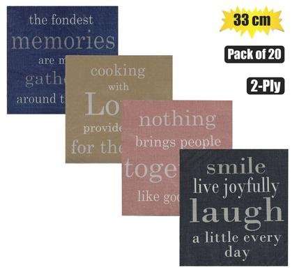 Serviettes 2ply 33cm 20pc Sayings