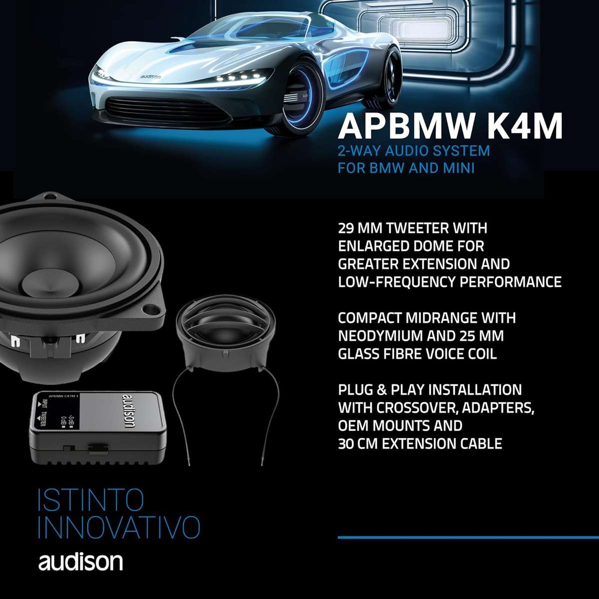 Audison AP BMW K4M KIT Prima Series 100 Watts 4 inch 2-Way Component Speaker Set Small Basket