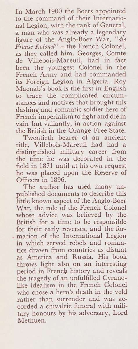 The French Colonel: Villebois-Mareuil and the Boers 1899-1900 - Macnab, Roy