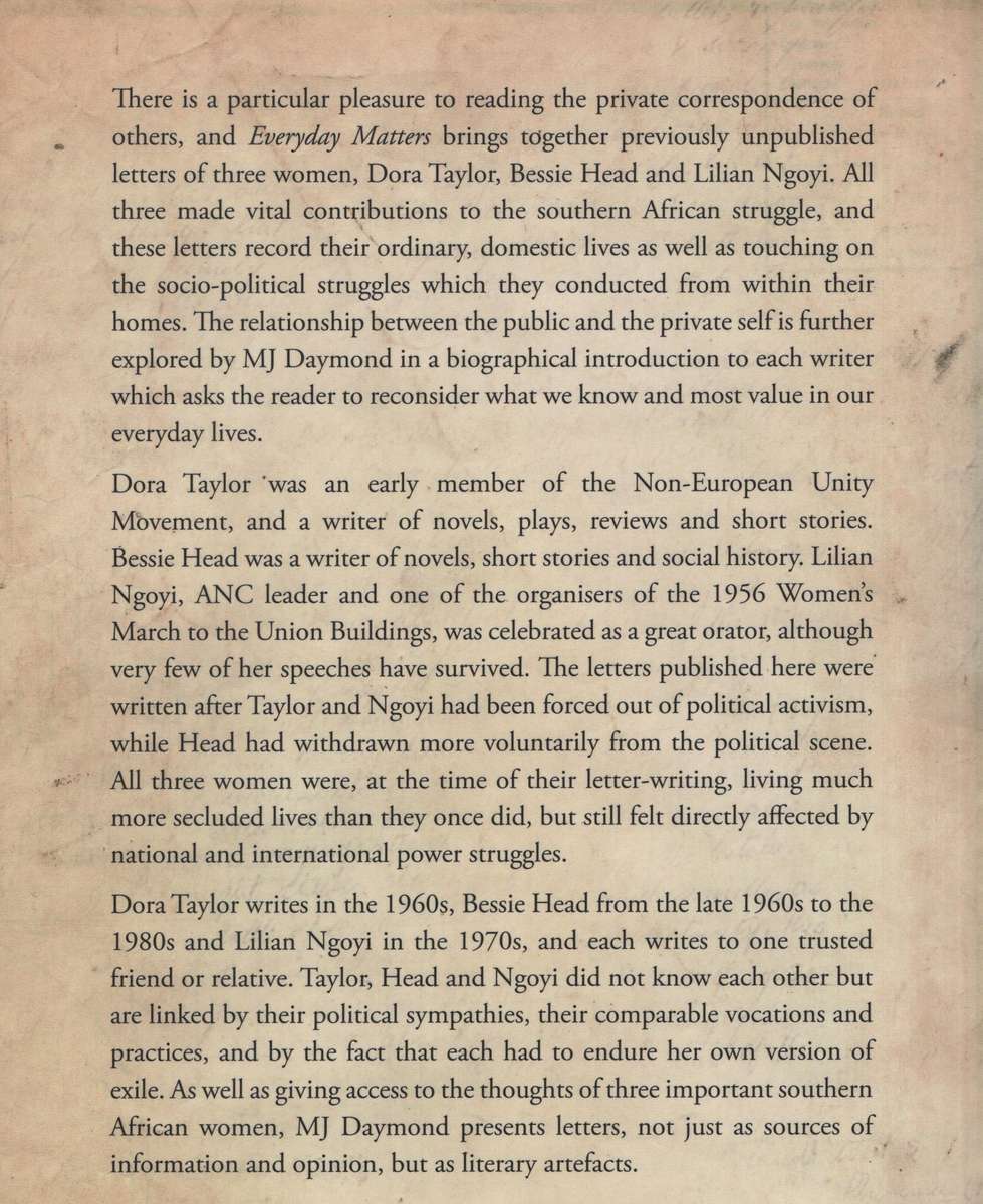 Everyday Matters: Selected Letters of Dora Taylor, Bessie Head & Lil - Daymond, M. J. (ed)