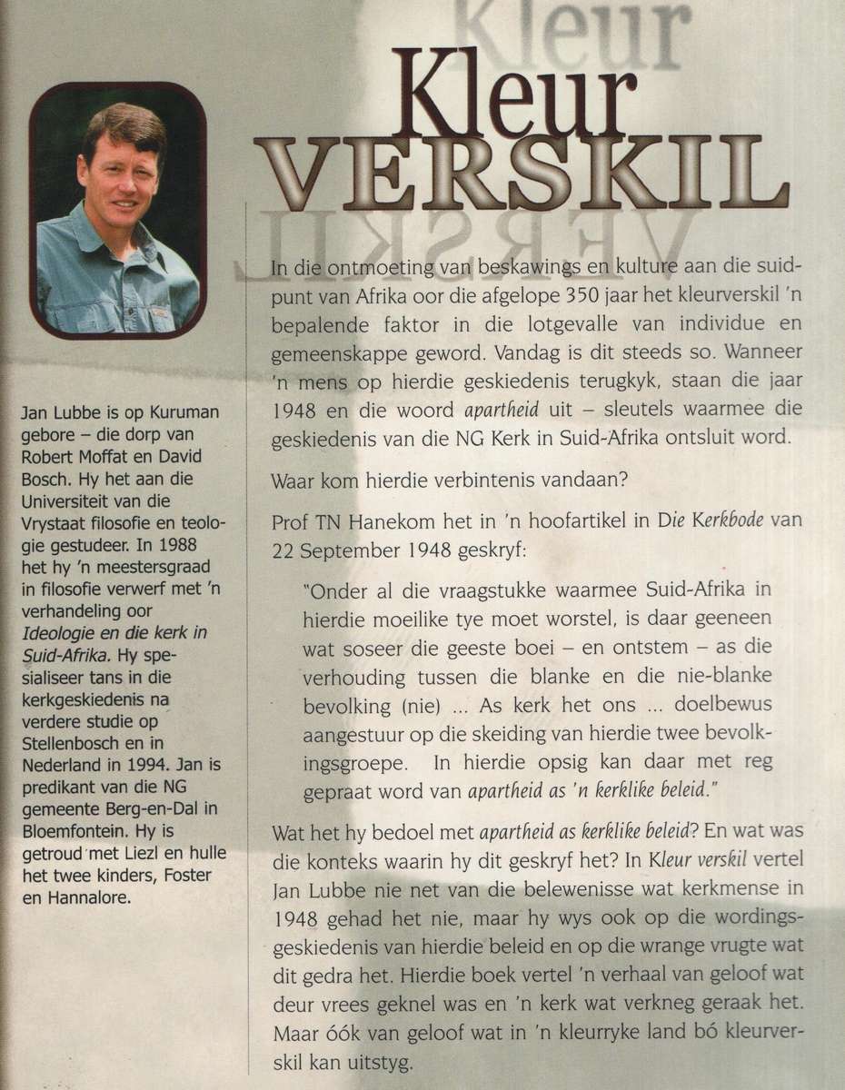 Kleur Verskil. 'n Perspektief op die NG Kerk in 1948 en apartheid as - Lubbe, Jan