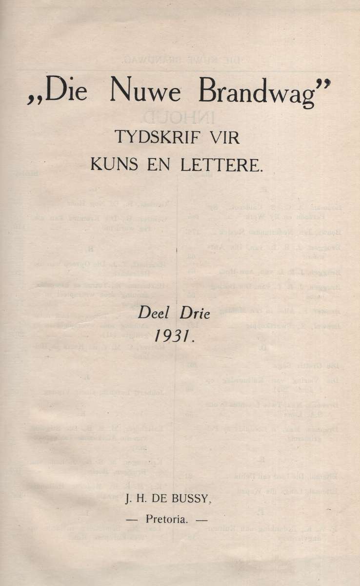 Die Nuwe Brandwag: Tydskrif vir Kuns en Lettere. Deel 3, 1931 - VERSKEIE