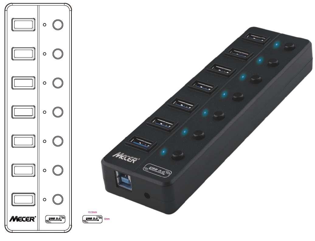 MECER USB 3.1/ 7 PORT EXTERNAL HUB 5Gbps w/Adapter 5V_2A.
