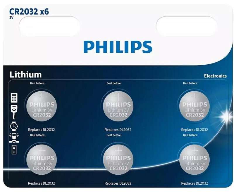 Philips CR2032 Lithium Button Battery 6-Pack - Philips
