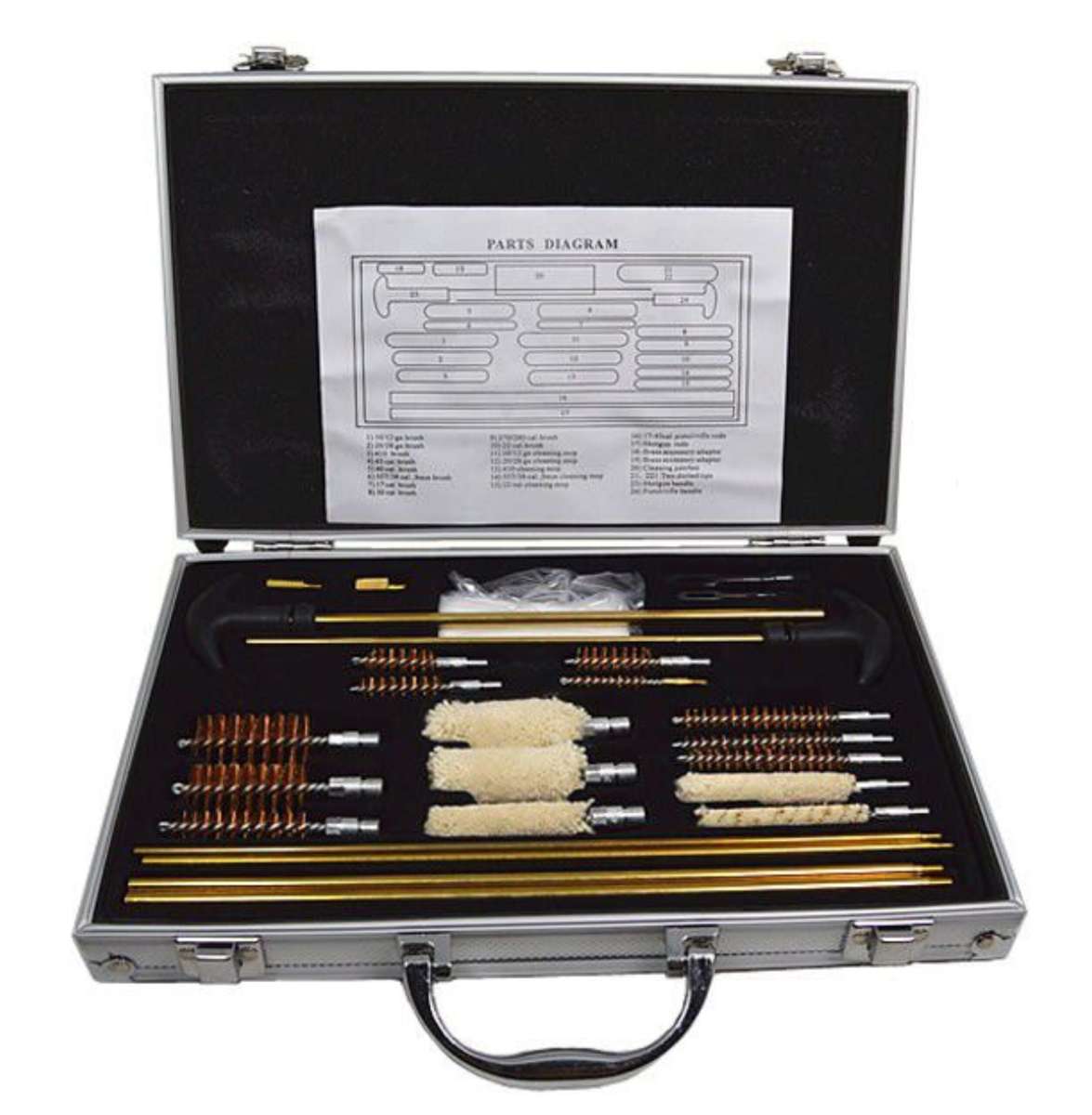 Universal gun cleaning kit with aluminum case