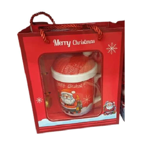 Ashcomonline Merry Christmas Gift Cup With Lid and Stainless Steel spoon Pottery Coffee Mug