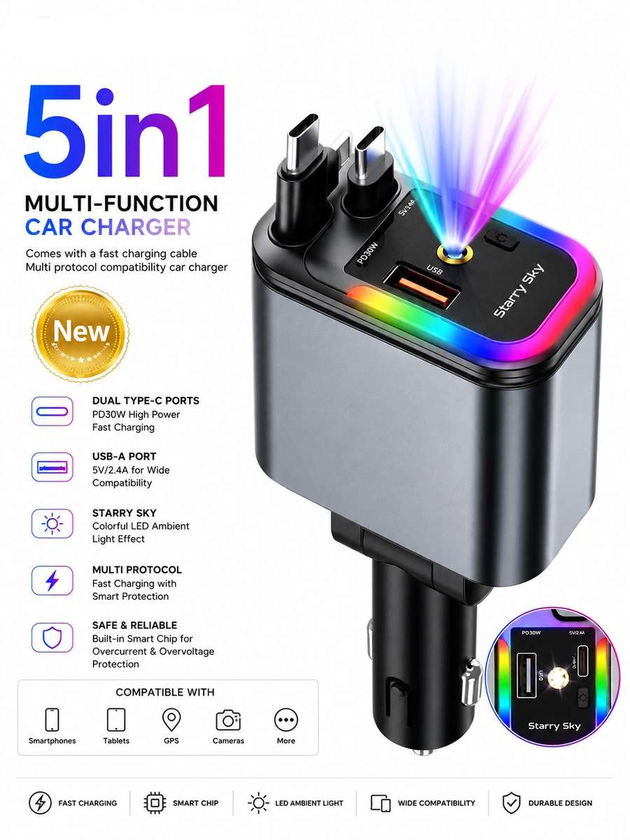 5-in-1 Multi-Function Car Charger with Dual Type-C Connectors, USB-A Port, Fast Charging Cable & ...