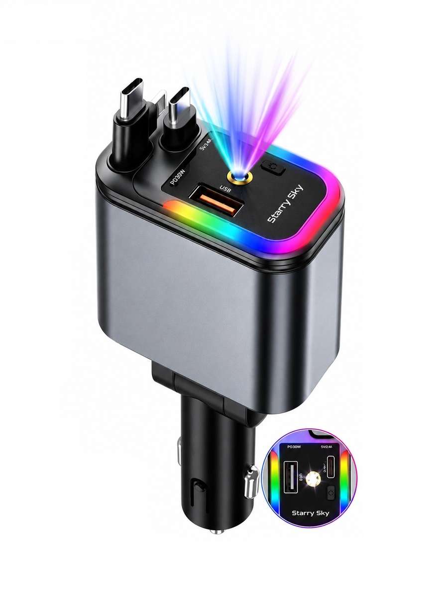 5-in-1 Multi-Function Car Charger with Dual Type-C Connectors, USB-A Port, Fast Charging Cable & ...