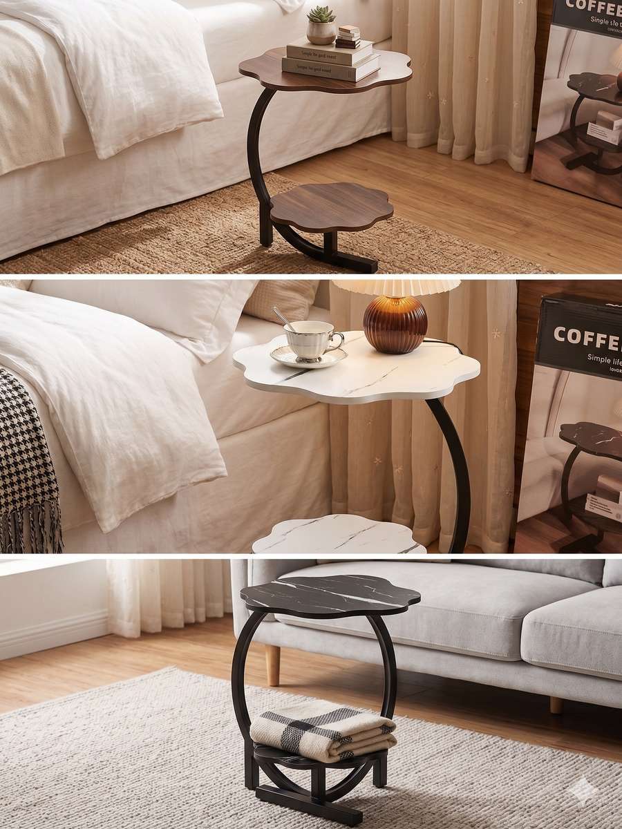Modern 2-Tier Flower-Shaped Side Table with Black Metal Frame (White)