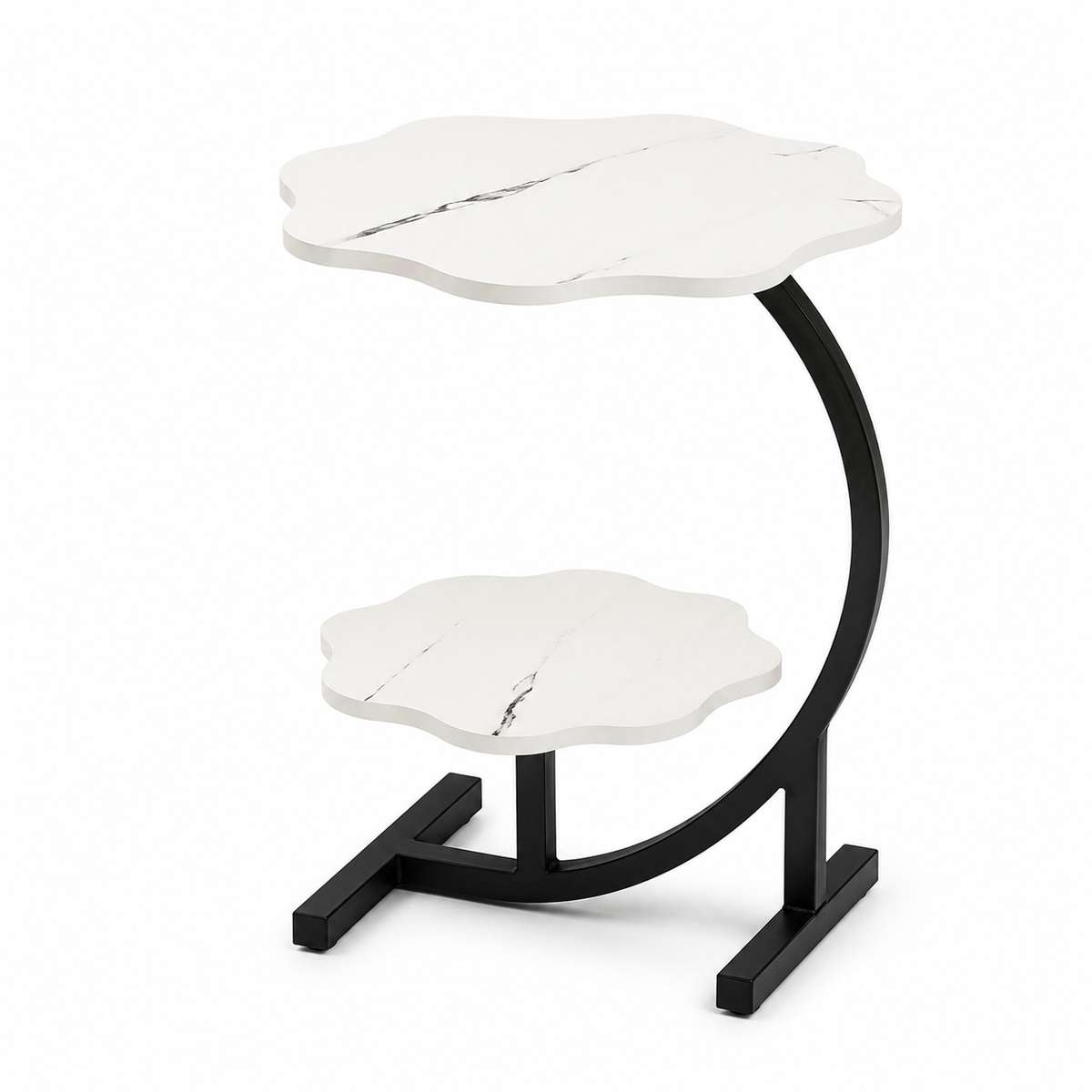 Modern 2-Tier Flower-Shaped Side Table with Black Metal Frame (White)