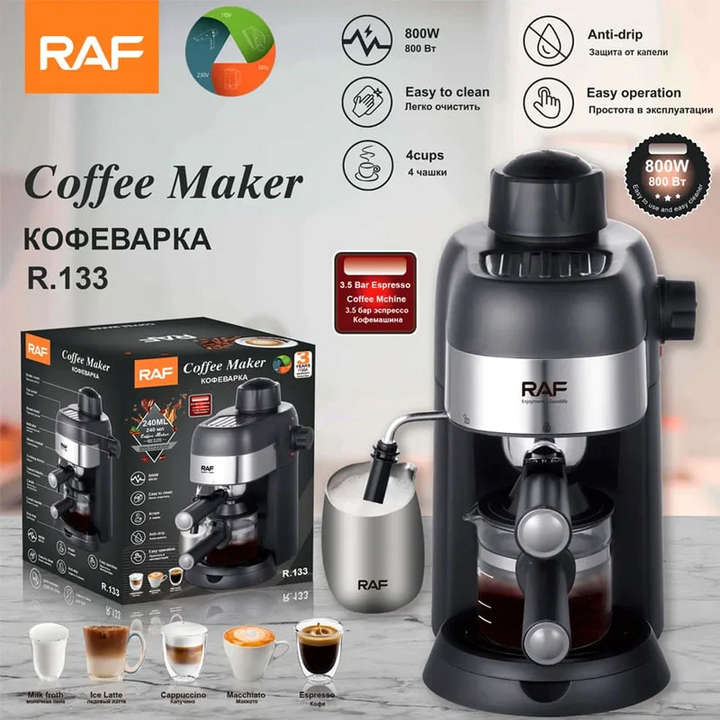 RAF 800W Italian 3.5-bar Coffee Maker with Milk Steamer