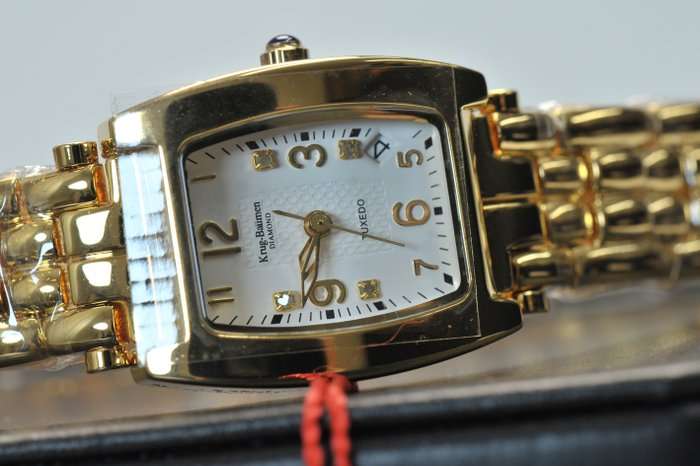 RRP £585 (British Pounds) Krug Baumen WOMEN'S Tuxedo with 4 Diamonds on White Dial Watch