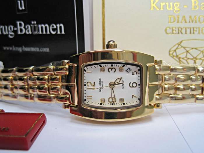 RRP £585 (British Pounds) Krug Baumen WOMEN'S Tuxedo with 4 Diamonds on White Dial Watch