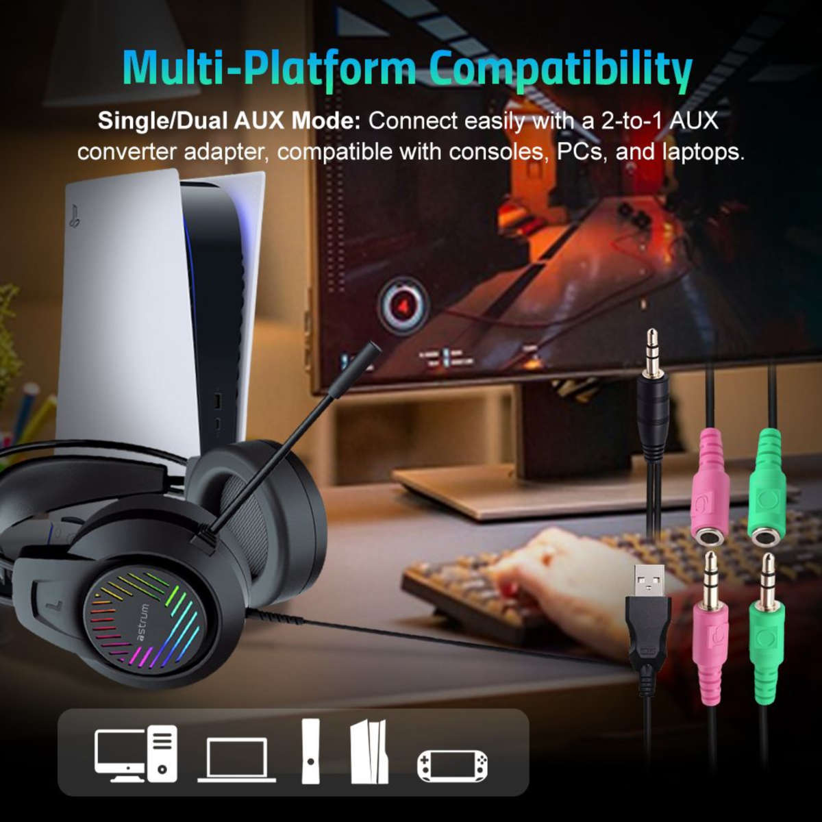 Wired Gaming Headset, 2 x 3.5mm with Boom Mic and USB LED - HG100