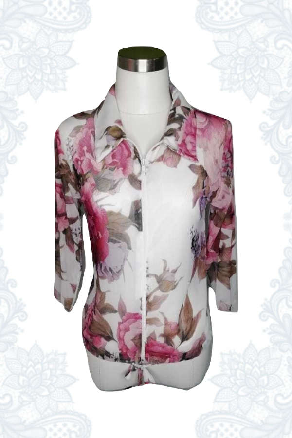 White Floral Zipper Top
