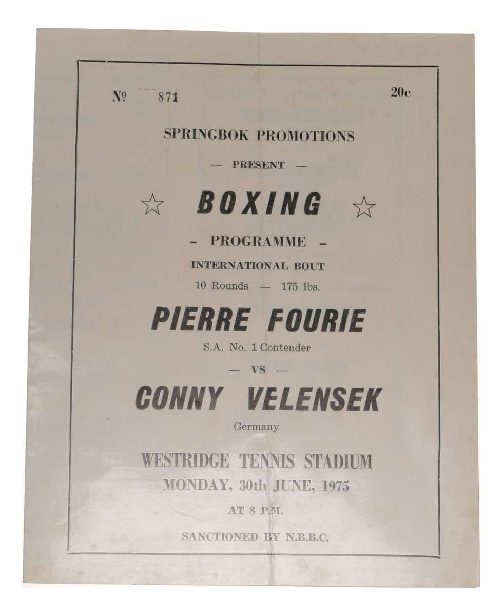 Pierre Fourie vs Conny Velensek Boxing Program 1975 Westridge Stadium