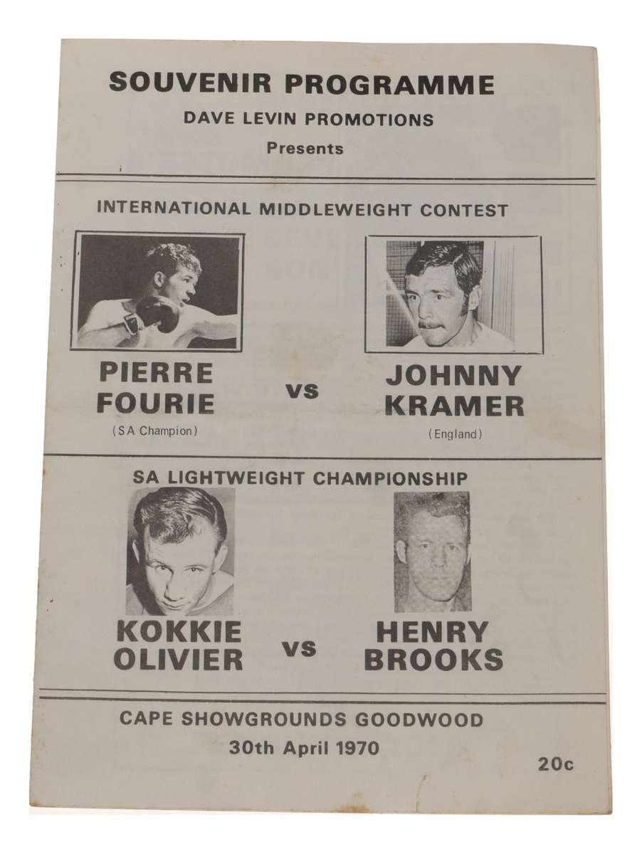 Pierre Fourie vs Johnny Kramer Boxing Program 1970 Goodwood Vintage